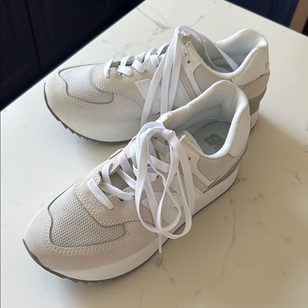 New Balance 574 White and Gray Women's Platform Sneakers